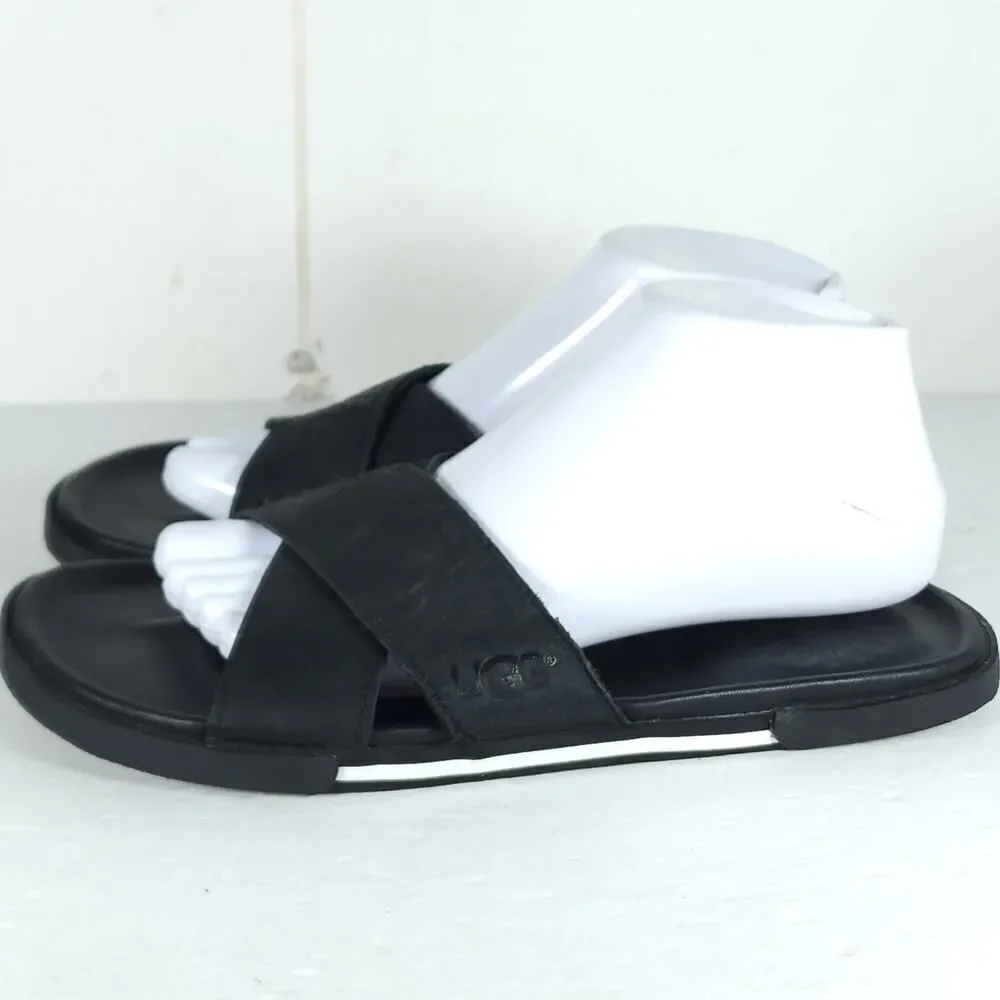 UGG Men's Brookside US 7 Black Leather Criss Cross Flat Slide Sandals Shoes